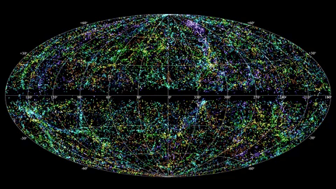 This image shows the location of fast radio bursts across the night sky