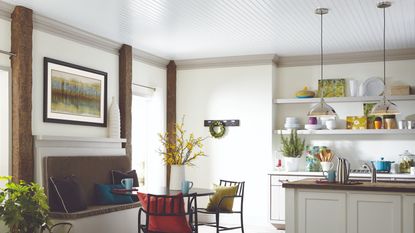 Beadboard ceiling ideas in white kitchen colourful decor