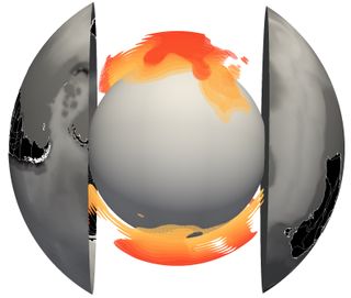 Earth's blobs as imaged from seismic data. The African blob is at the top and the Pacific blob at the bottom.
