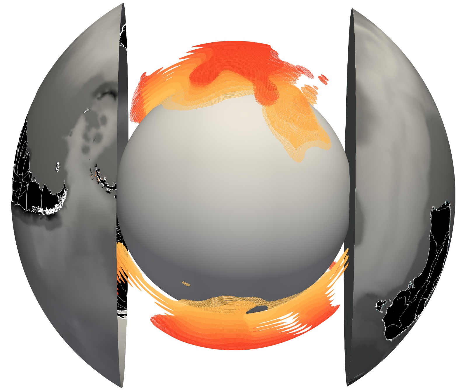 Earth's blobs as imaged from seismic data. The African blob is at the top and the Pacific blob at the bottom.