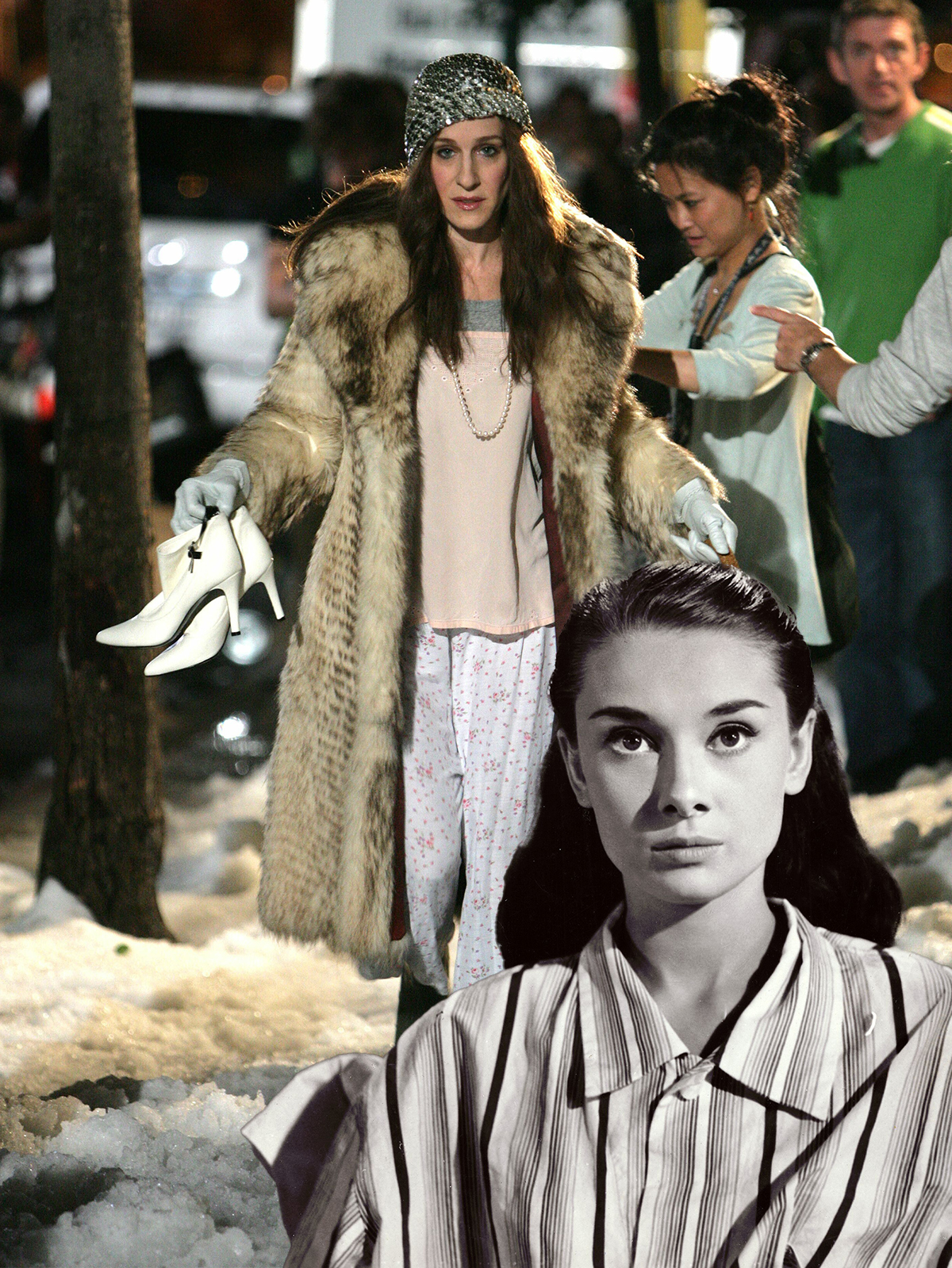 A collage of different pajama outfits featuring Sarah Jessica Parker as Carrie Bradshaw in Sex and the City and Audrey Hepburn in Roman Holiday.