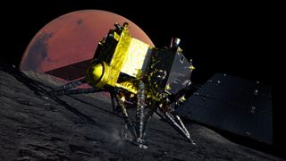 Japan's Martian Moons Exploration probe lands on Phobos, the largest moon of Mars, with the Red Planet in the background in an artist rendering.