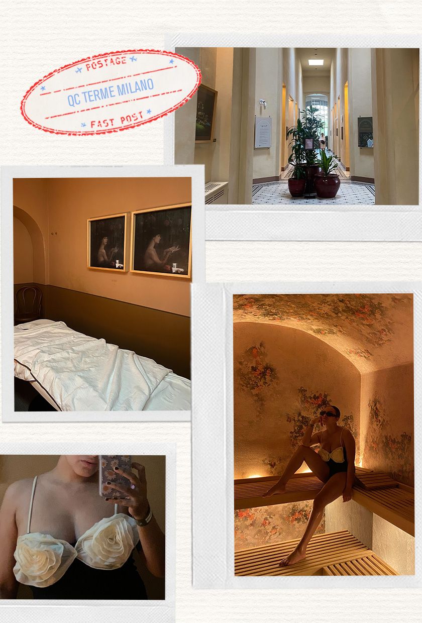 a collage of images of a morning spent at the QC Termemilano Spa in Milan including pictures of a fashion editor wearing a black one-piece swimsuit with flowers on the bust