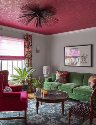 A red and green living room