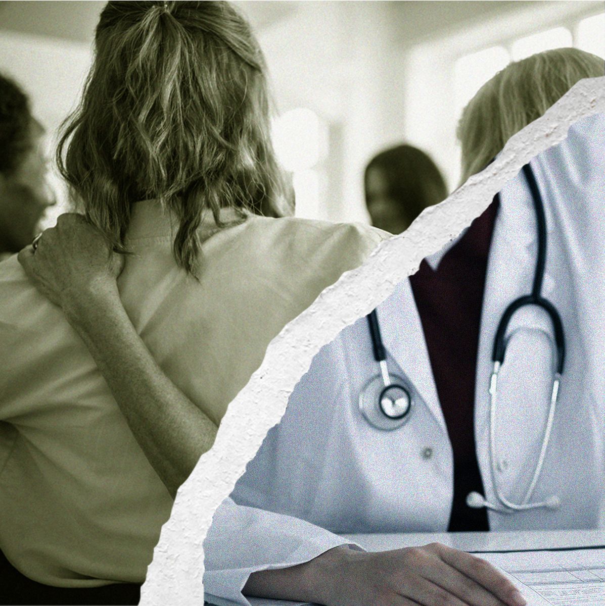 A split image shows two contrasting scenes: On the left, women sit close together with one resting an arm around another in a gesture of support. On the right, a doctor in a white coat with a stethoscope sits at a desk with paperwork, separated by a torn edge running down the middle.