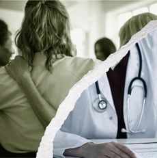 A split image shows two contrasting scenes: On the left, women sit close together with one resting an arm around another in a gesture of support. On the right, a doctor in a white coat with a stethoscope sits at a desk with paperwork, separated by a torn edge running down the middle.