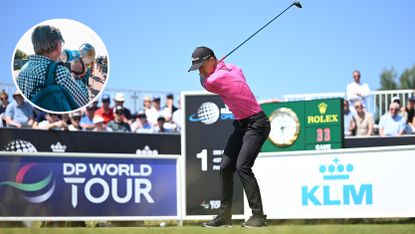 A golfer hits it off the first tee at the KLM Open