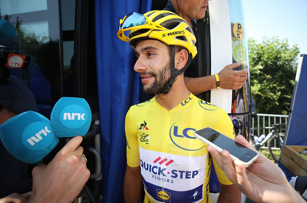 Fernando Gaviria (Quick-Step Floors) wears the yellow jersey at the start of stage 2 of the Tour de France