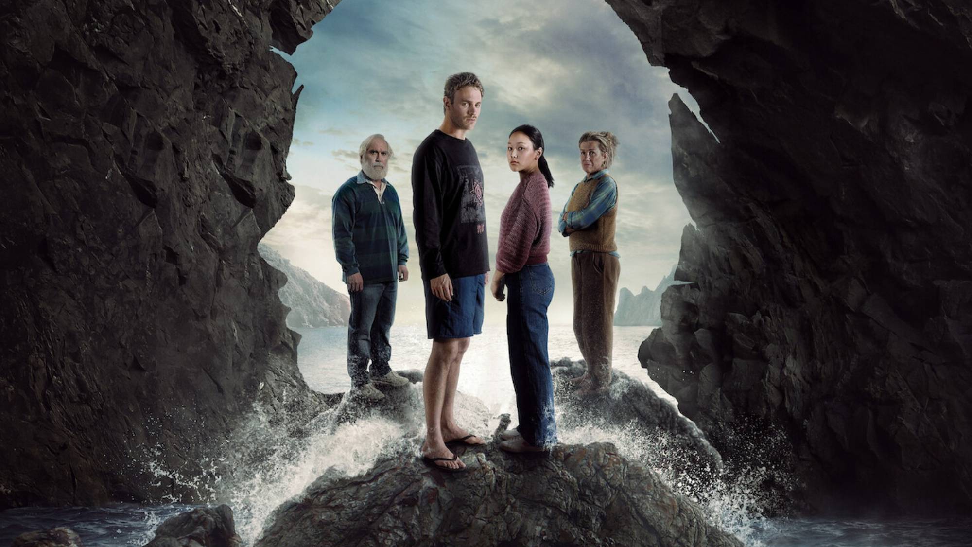 (L-R) Damien Garvey as Brian Elliott, Charlie Vickers as Kieran Elliott, Yerin Ha as Mia Chang and Robyn Malcolm as Verity Elliott in "The Survivors" on Netflix