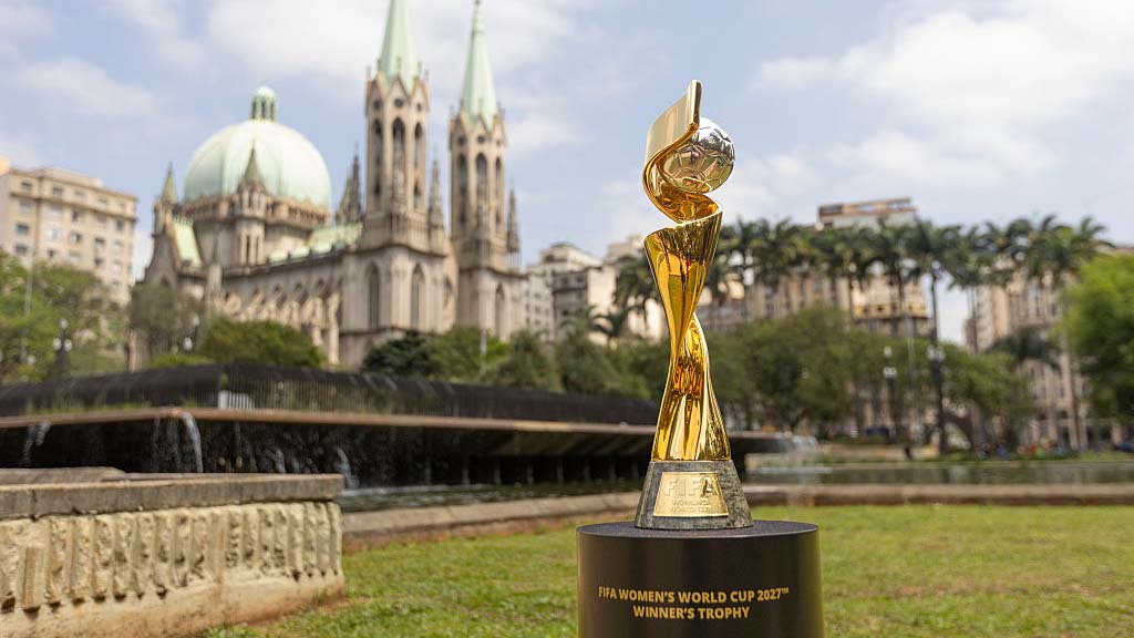 SAO PAULO, BRAZIL - SEPTEMBER 18: FIFA Women's World Cup Trophy at Pra&ccedil;a da S&eacute; as part of the FIFA Women's World Cup Tour ahead of the Brazil 2027 World Cup on September 18, 2026 in Sao Paulo, Brazil. (Photo by Ricardo Moreira - FIFA/FIFA via Getty Images)