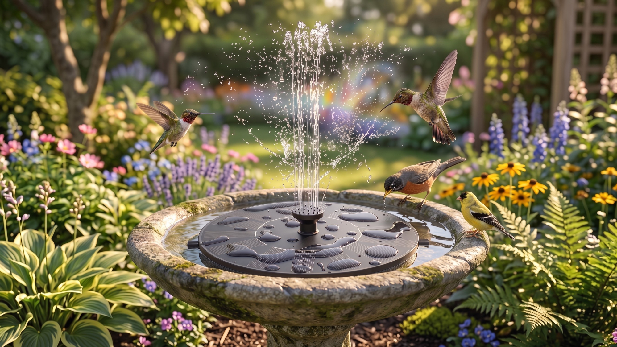 AUTGA Amazon solar fountain in bird bath in garden with birds