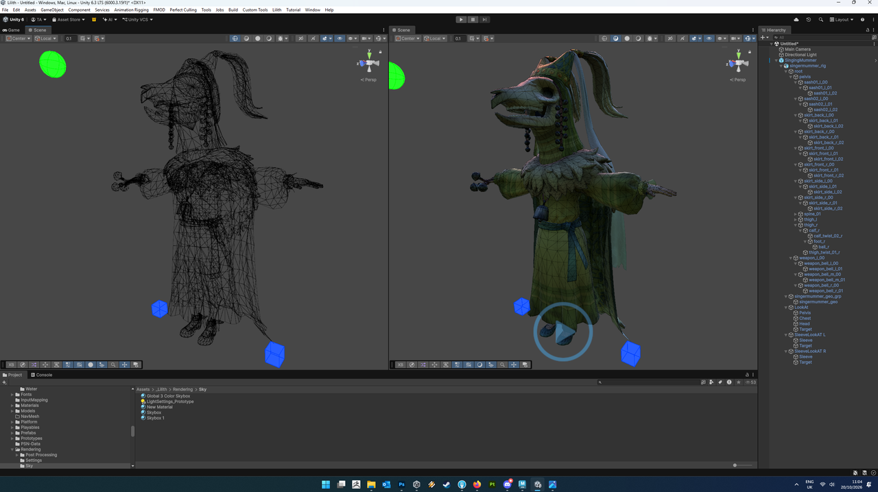 Development software screens from a horror game showing a game character models in the making