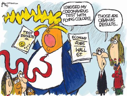 Political Cartoon U.S. Trump cheats steals Obama crisis test coronavirus fails