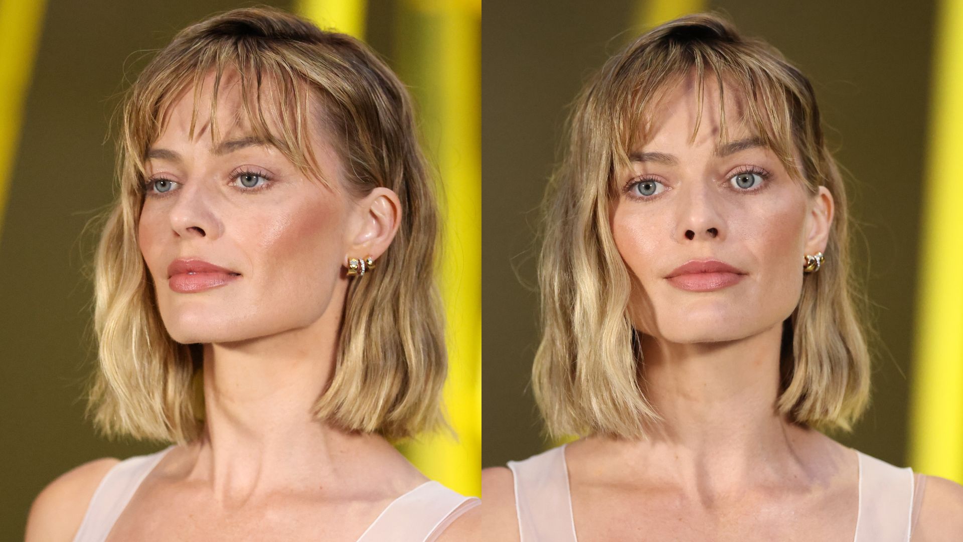 Margot Robbie pictured with a bob and fringe haircut wearing a white vest top against a yellow backdrop