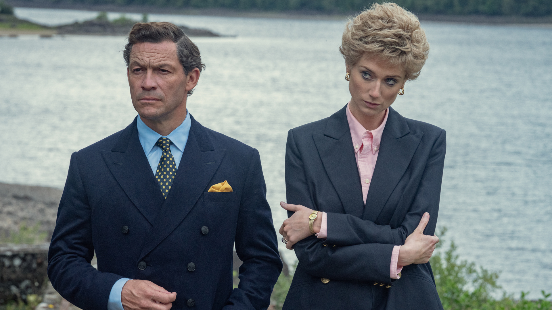 Charles and Diana stand next to each other looking unimpressed in The Crown season 5