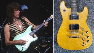 Jeff Beck and a picture of his Ibanez prototype signature guitar from the 1980s