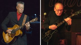 Left-Tommy Emmanuel during Les Paul 90th Birthday Salute at Carnegie Hall in New York City, New York, United States; Right-Musician Les Paul performs as part of his Monday Night Residency at the Iridium Jazz Club on October 8, 2002 in New York City