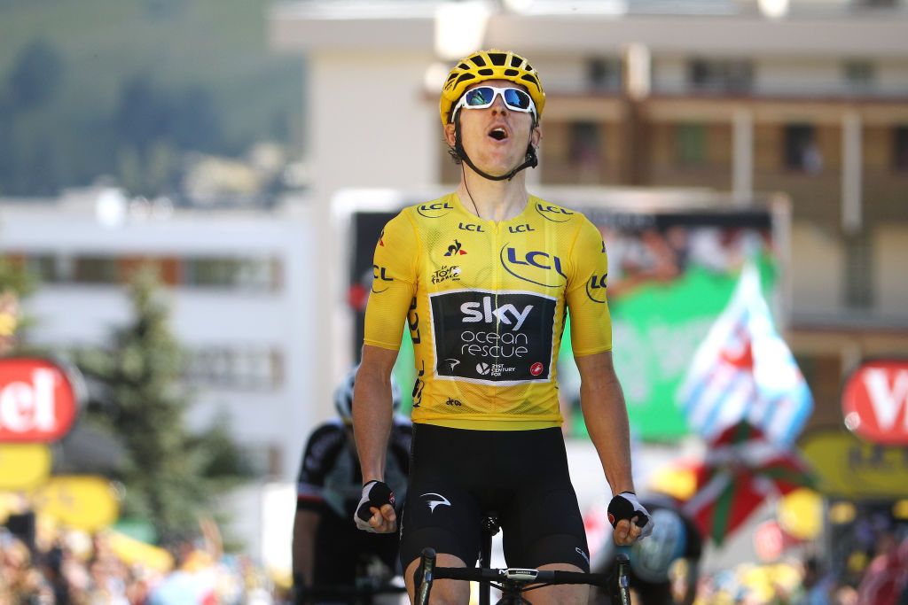 Geraint Thomas celebrates his stage win in Alpe d'Huez