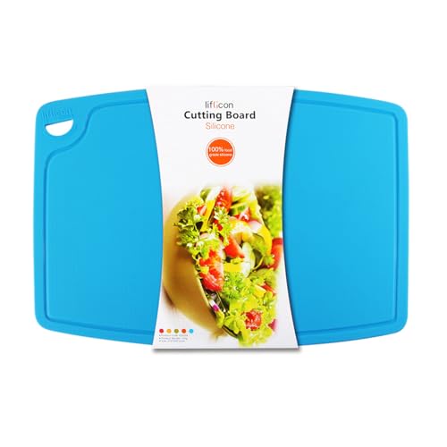 Liflicon Extra Large Thick Silicone Cutting Boards for Kitchen 14.6'' X 10.43'' Flexible Cutting Chopping Boards/mats Non-Slip Deep Drip Juice Groove, Dishwasher Safe-Blue