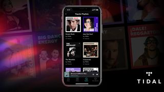A promo shot for Tidal showing the app open on a smartphone showing playlists.