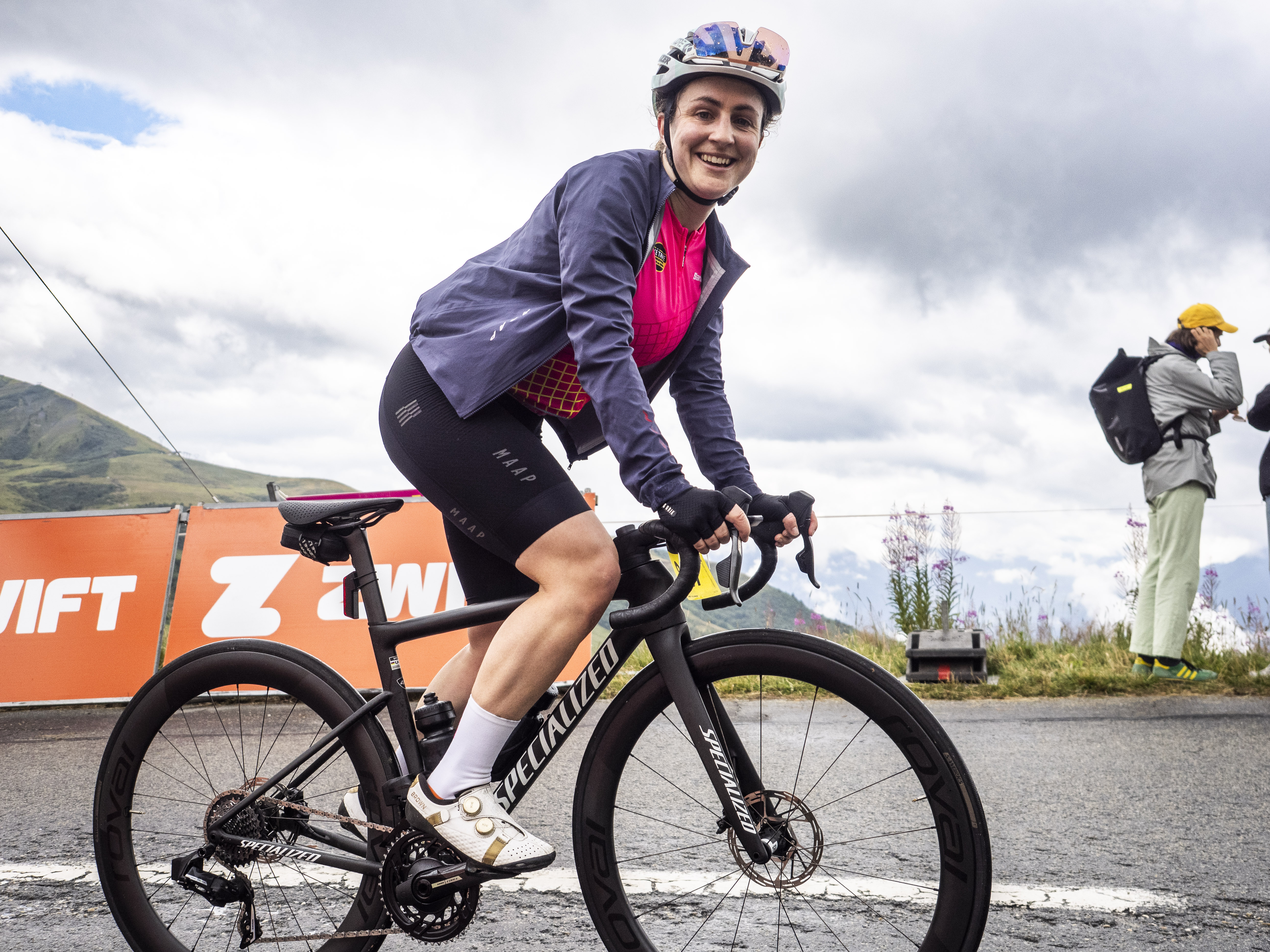 President of The Cyclists' Alliance and former professional racer Grace Brown riding up the Col de la Madeleine