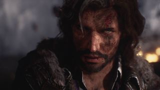 A screenshot from Clair Obscur: Expedition 33, showing a man named Verso covered in dirt and blood, looking into the camera.