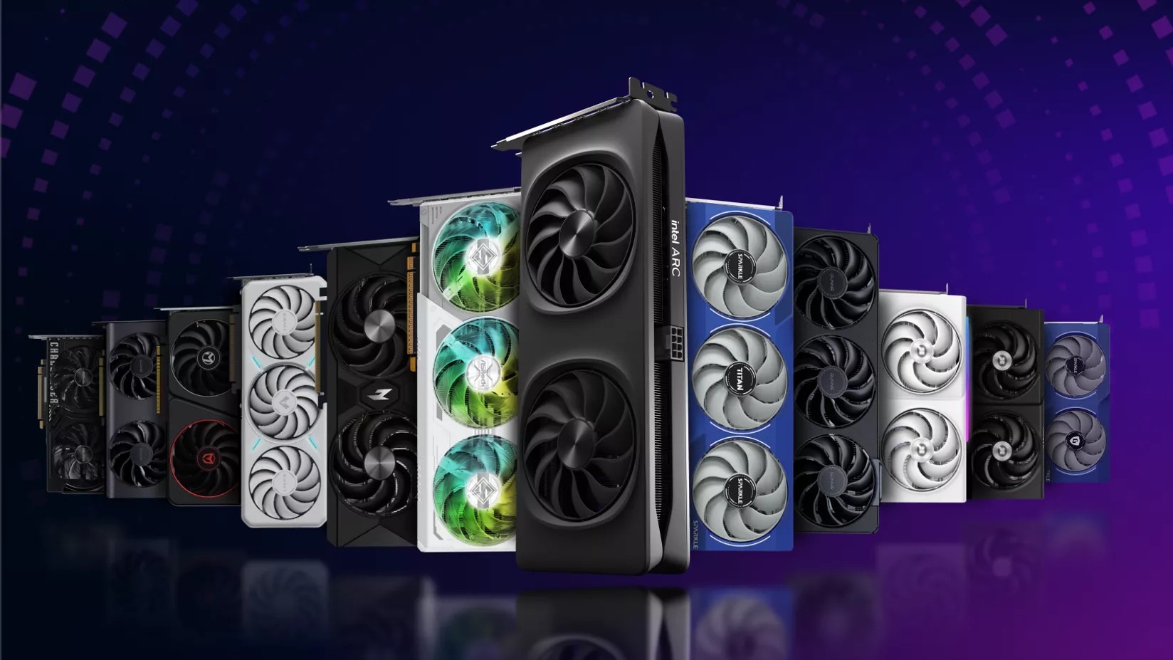A selection of Intel Arc B-series GPUs on a purple gradient background.