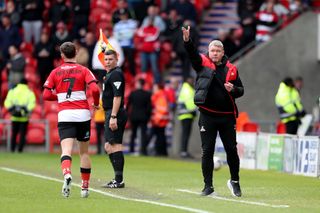 Grant McCann, the manager of Doncaster Rovers, is pictured during the Sky Bet League 2 match between Doncaster Rovers and Barrow at the Keepmoat Stadium in Doncaster, on April 20, 2024.