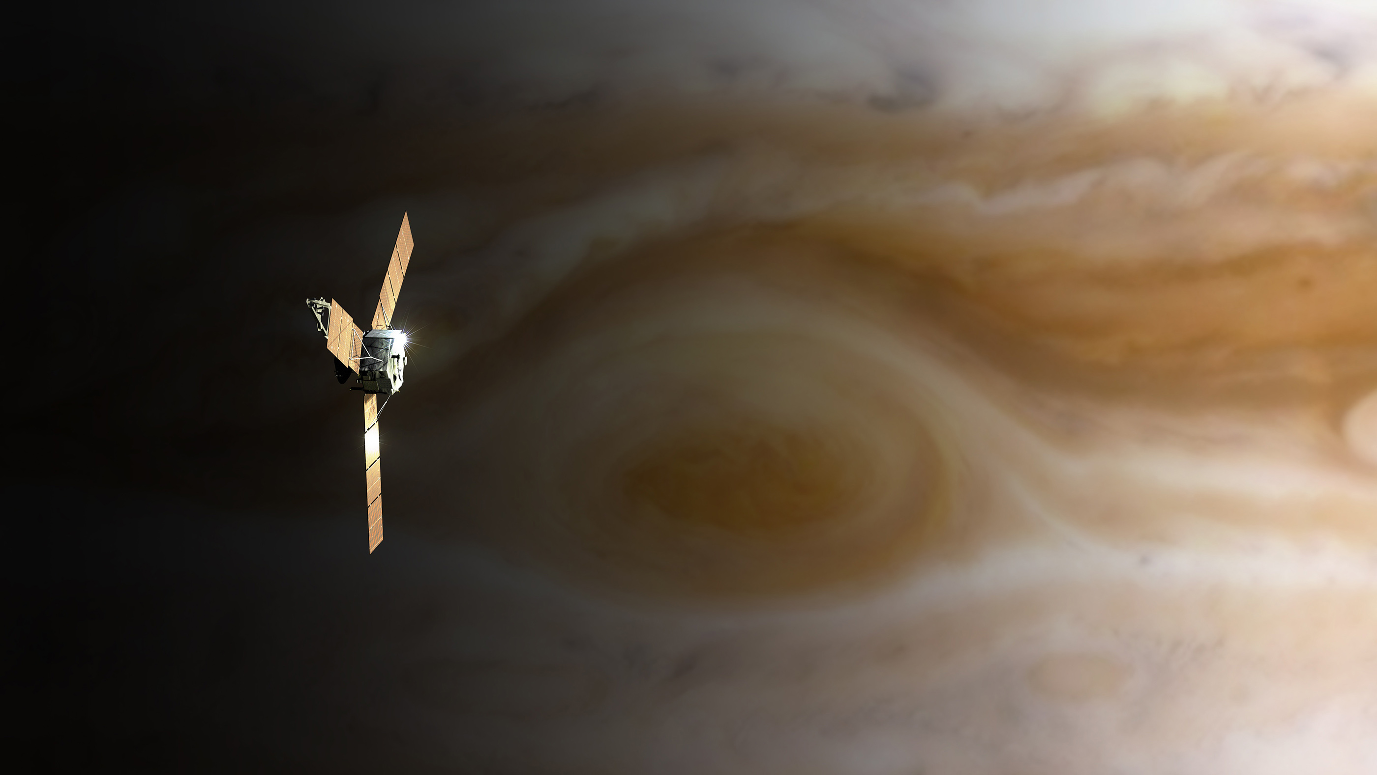 This computer illustration shows NASA's Juno spacecraft over the gas giant's Great Red Spot.