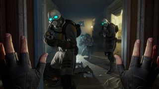 Hands up as enemies approach in Half-Life: Alyx