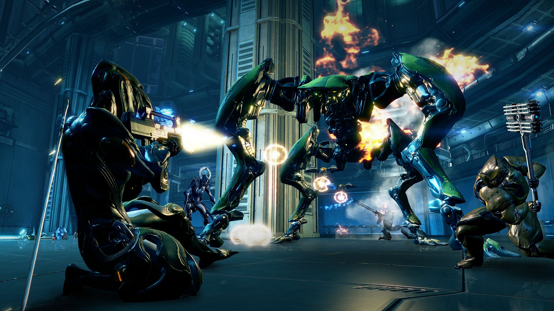 Players working together to take down a giant robot in Warframe