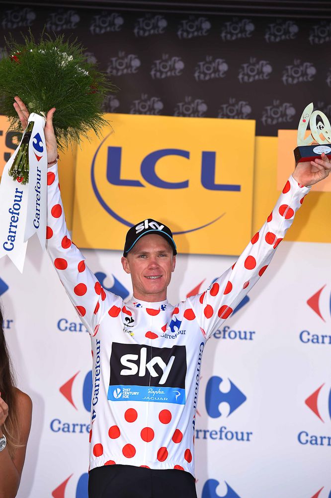 Chris Froome in polka dots on the stage 11 podium.
