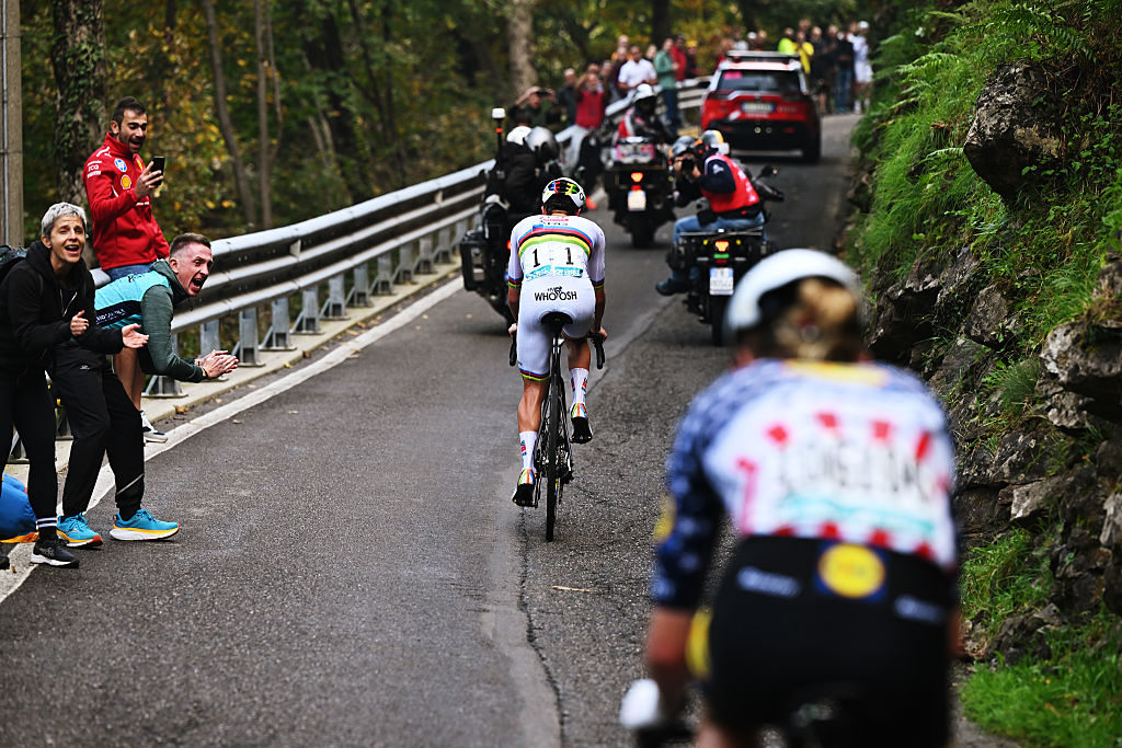 BERGAMO, ITALY - OCTOBER 11: Tadej Pogacar of Slovenia and Team UAE Team Emirates attacks in the breakaway ahead of Quinn Simmons of United States and Team Lidl - Trek during the 119th Il Lombardia 2025 a 241km one day race from Como to Bergamo on October 11, 2025 in Bergamo, Italy. (Photo by Dario Belingheri/Getty Images)