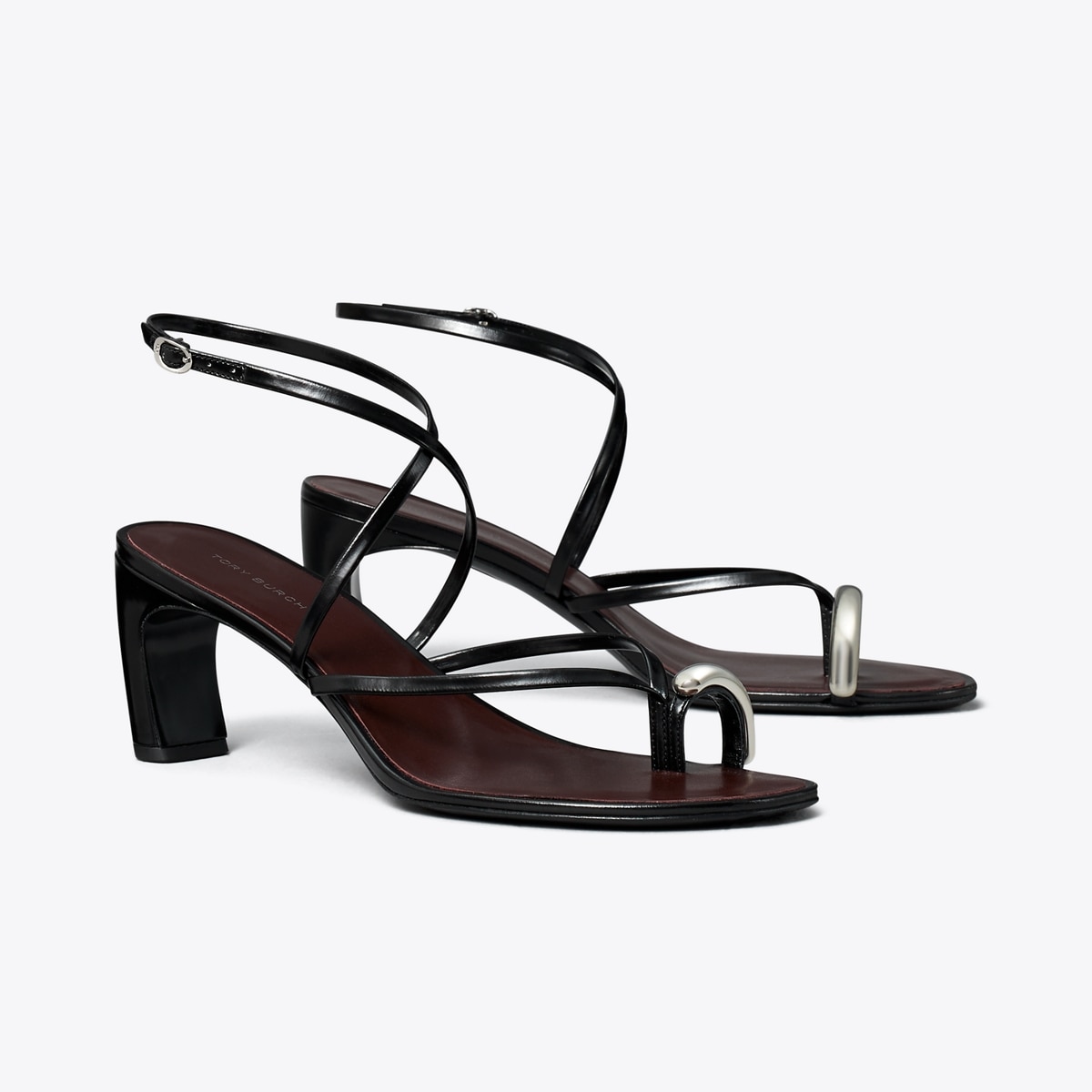 Pierced Multi-Strap Heeled Sandal in Black, Size 10