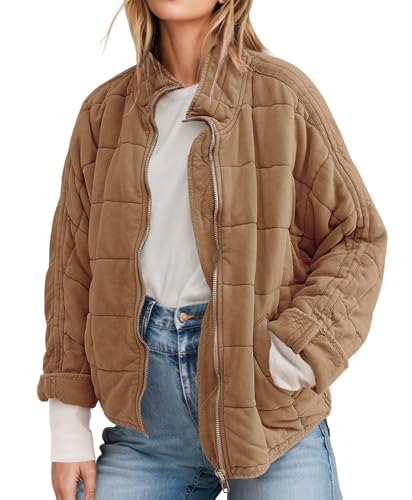 Etcyy Women&#039;s Zip Up Lightweight Quilted Jackets Long Sleeve Causal Warm Winter Oversize Coat With Pockets