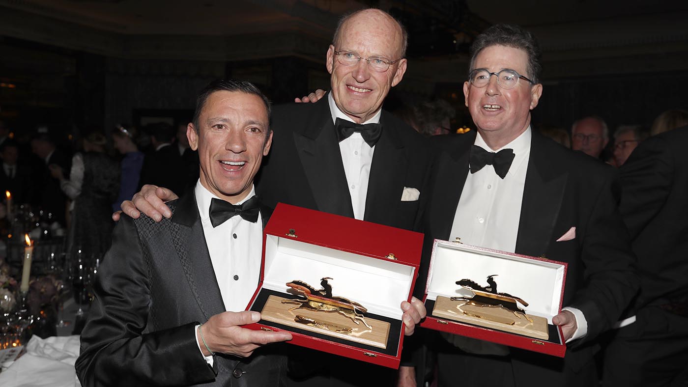 Frankie Dettori, John Gosden and Lord Grimthorpe with Enable's Cartier Awards