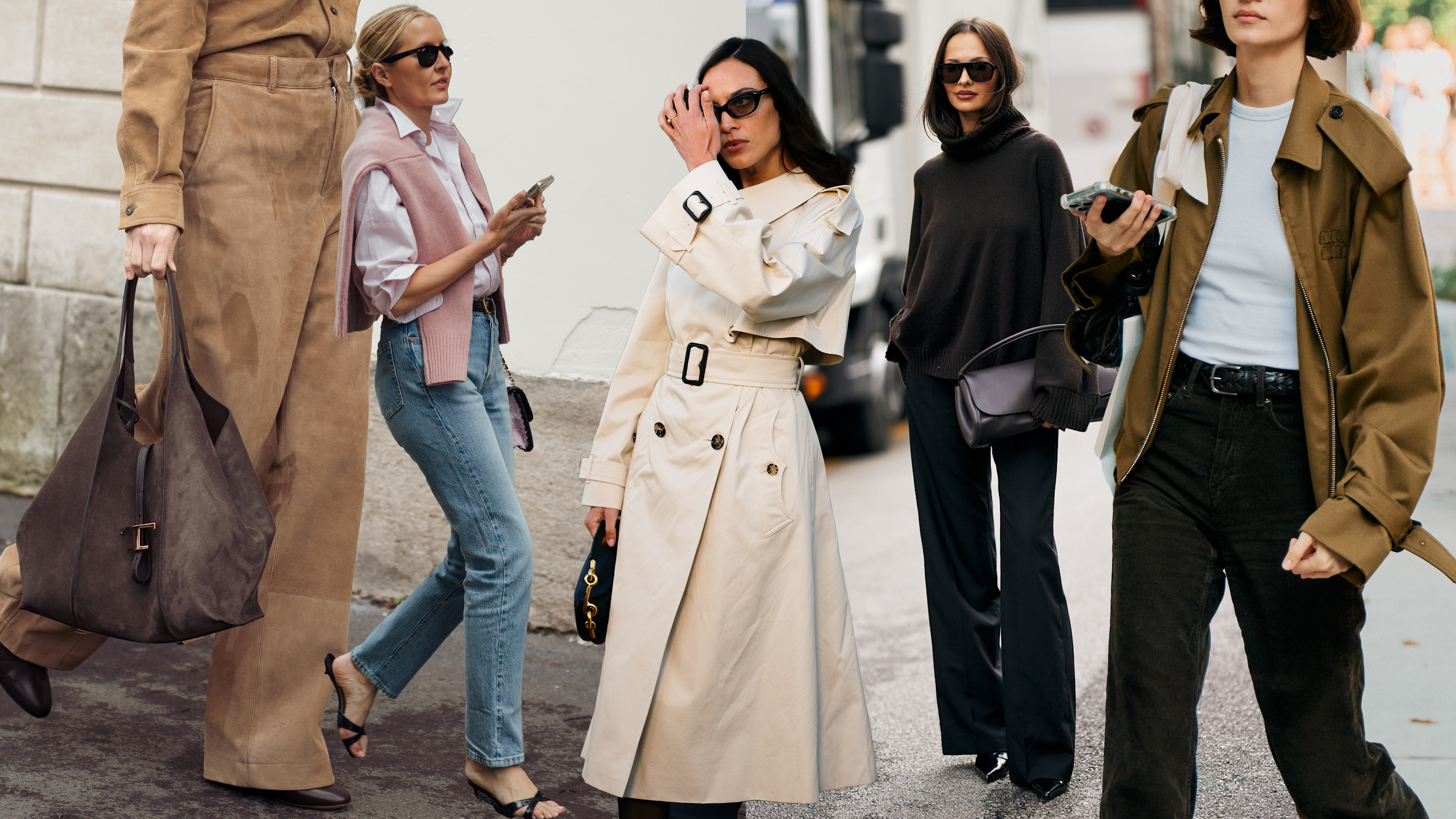 A woman wearing an all-suede outfit with a brown suede tote. A woman in straight-leg jeans, a button-down, and a pink sweater over her shoulder. Woman in a trench coat at London Fashion Week S/S 26. A woman in a brown oversized turtleneck and black trousers. A person in a white crewneck, black jeans, and a cropped trench coat.