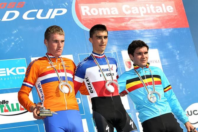 U23 men's podium at Rome 'cross World Cup (L-R): Mike Teunissen, 2nd; Julian Alaphilippe, 1st; Gianni Vermeersch, 3rd