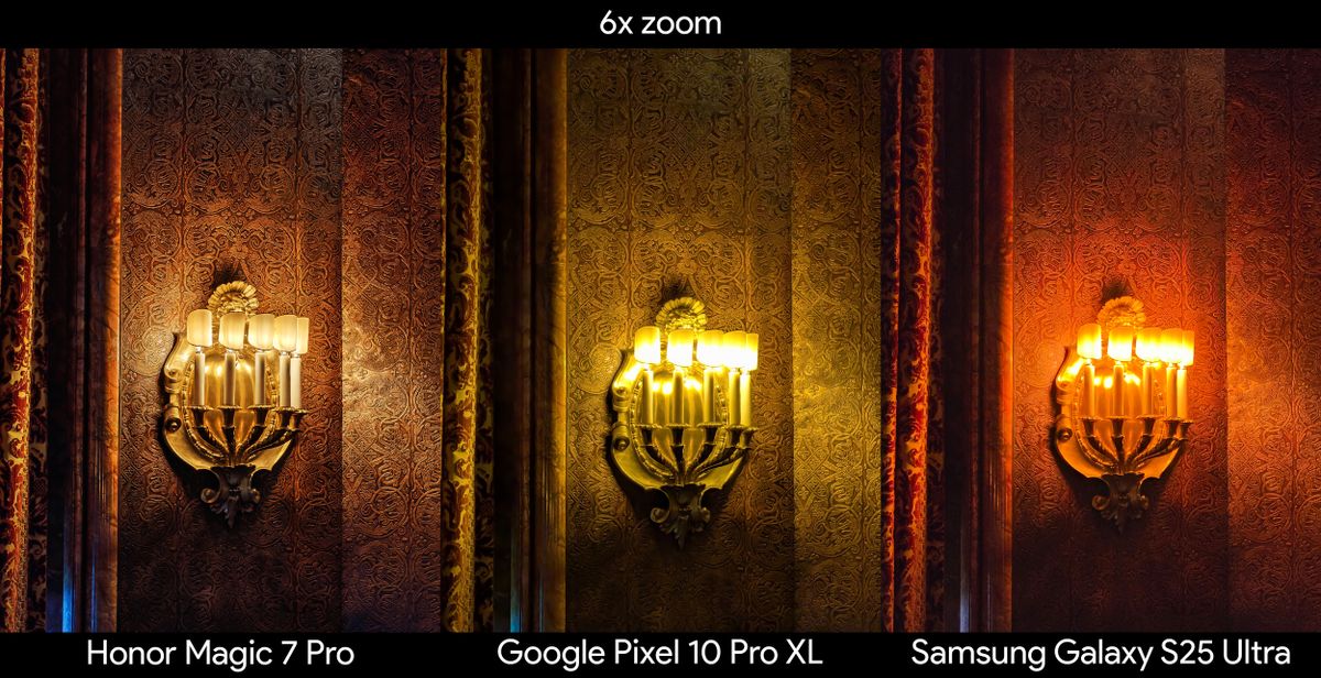 Comparing 6x zoom quality in a dark room between the Google Pixel 10 Pro XL, Honor Magic 7 Pro, and Samsung Galaxy S25 Ultra