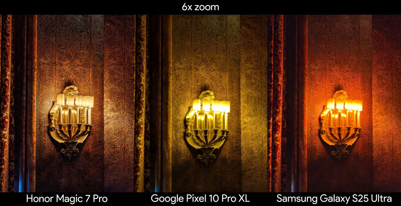 Comparing 6x zoom quality in a dark room between the Google Pixel 10 Pro XL, Honor Magic 7 Pro, and Samsung Galaxy S25 Ultra