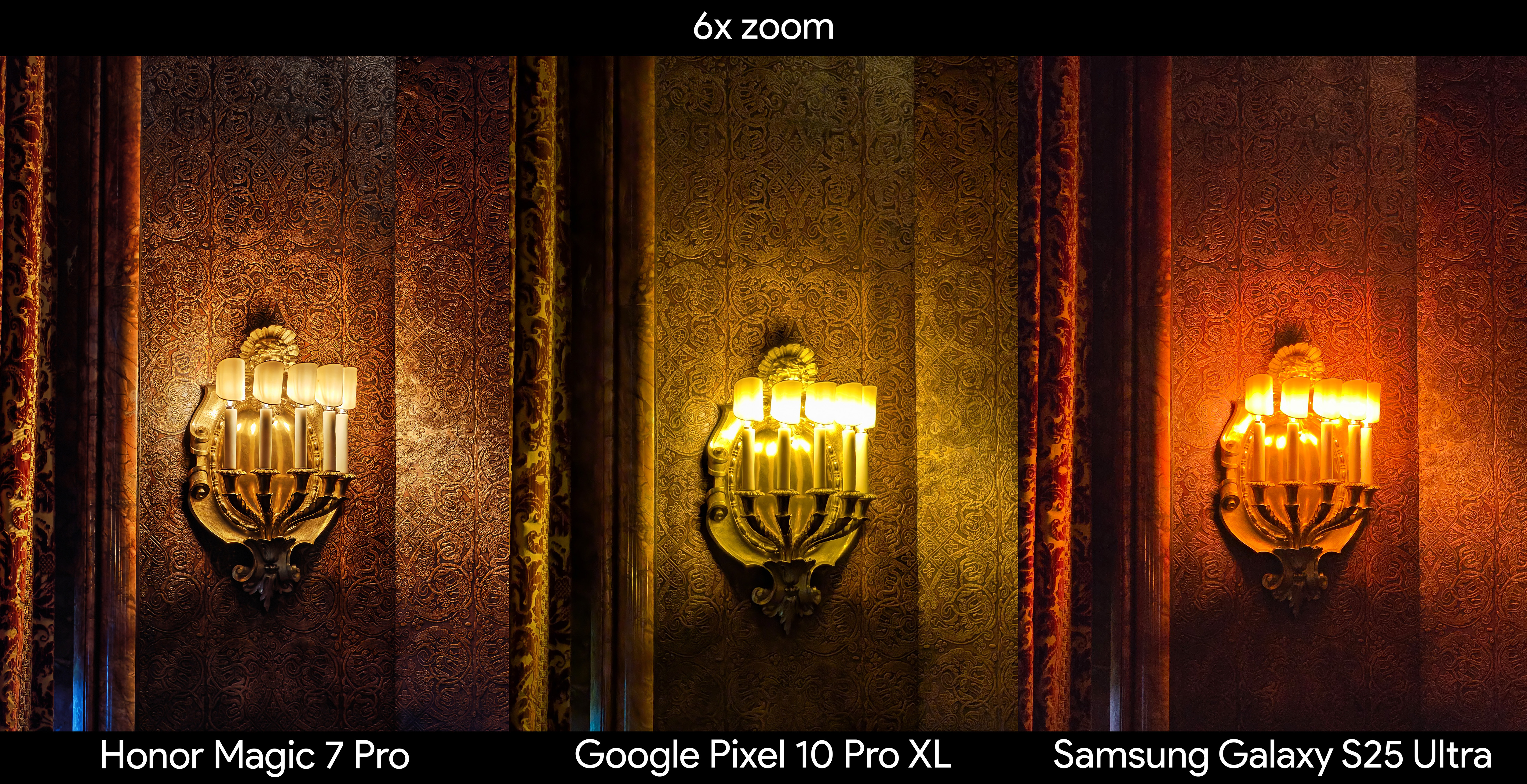 Comparing 6x zoom quality in a dark room between the Google Pixel 10 Pro XL, Honor Magic 7 Pro, and Samsung Galaxy S25 Ultra