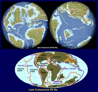 The Earth's continents 85 million years ago. The different continental distribution would have influenced cloud cover.