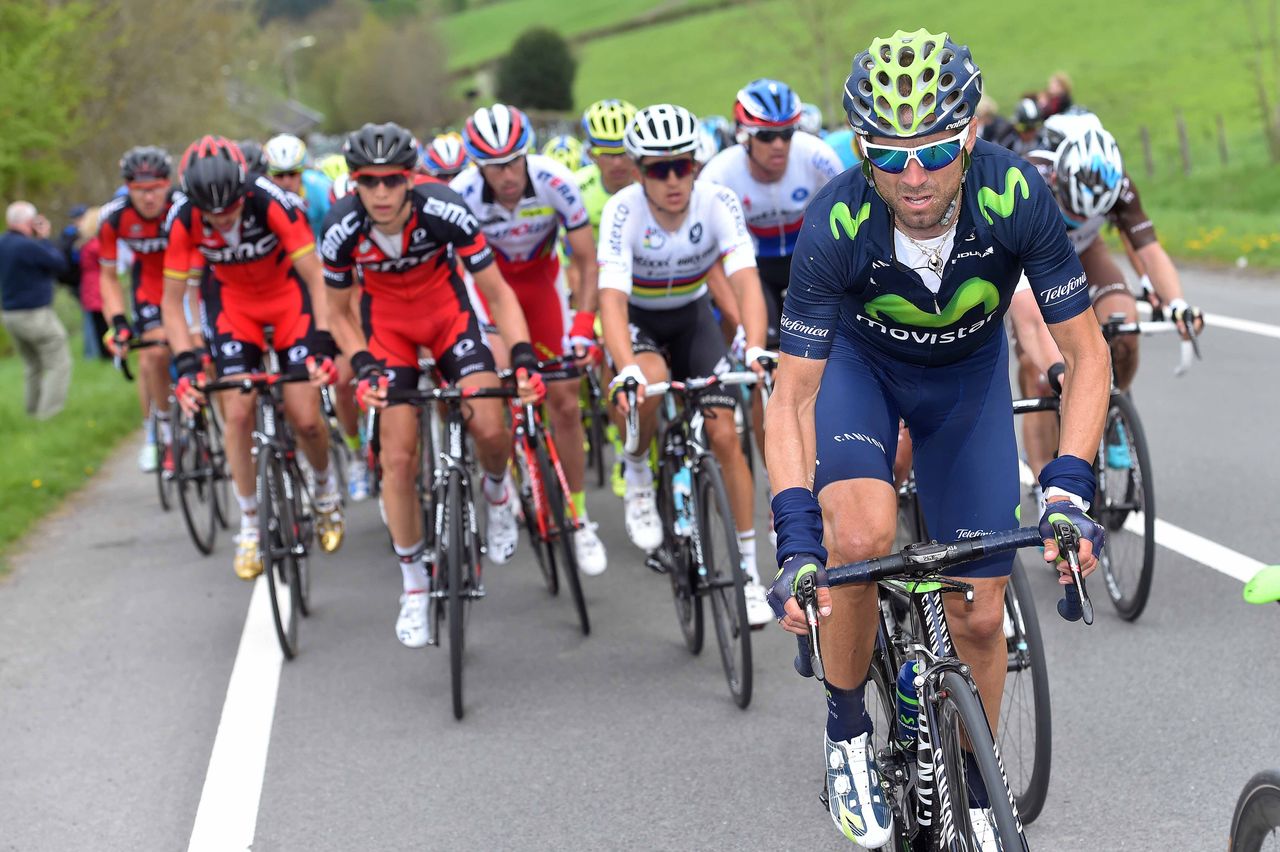 Alejandro Valverde (Movistar) stretches his legs just a little early in the race