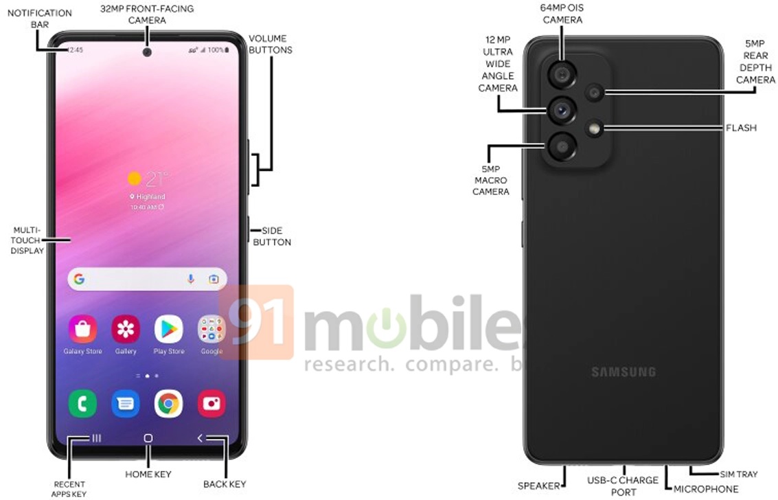 A leaked, annotated image of the Samsung Galaxy A73