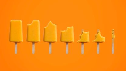 A series of popsicles, starting out whole, moving to one with one bite taken out, two bites, until the last one is an empty stick.