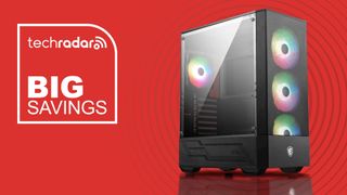 The MSI MAG Forge 112R gaming PC case on a red background with 'BIG SAVINGS' text.