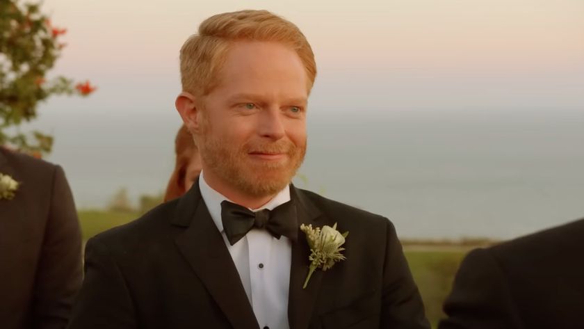 Jesse Tyler Ferguson looking at Eric Stonestreet during Mitch and Cam&#039;s wedding on Modern Family