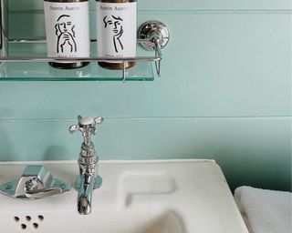 Bathroom with white sink and blue walls