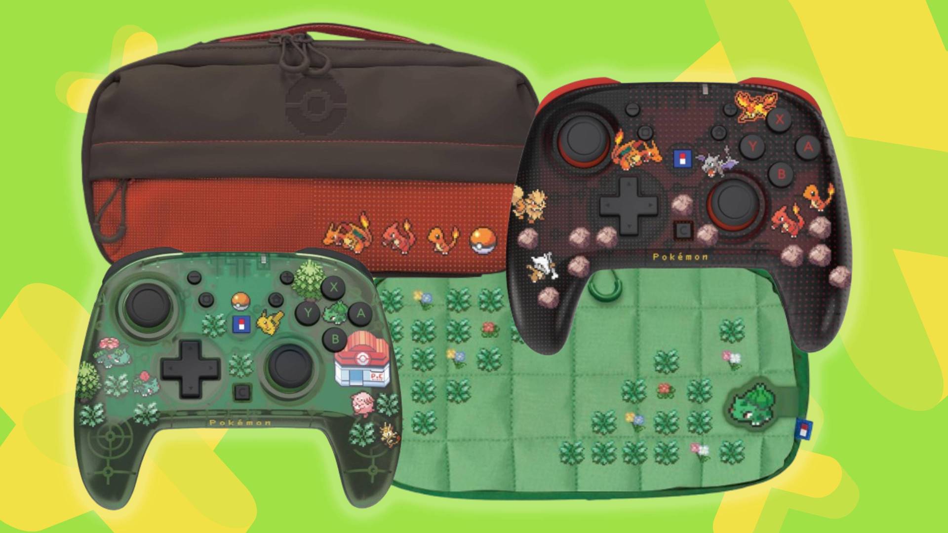 Image of the Pokemon Pixel Red and Green Hori accessories on a green GamesRadar+ background.