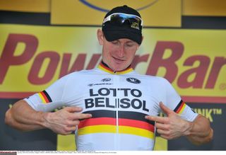 Andre Greipel makes sure Lotto Belisol gets a mention on the podium